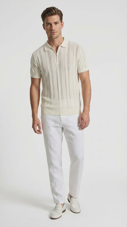 Mens Cream Ivory Off White Knit Walking Suit Set – Lightweight Short Sleeve Shirt and Pants Outfit for Summer, Vacation and Casual Style