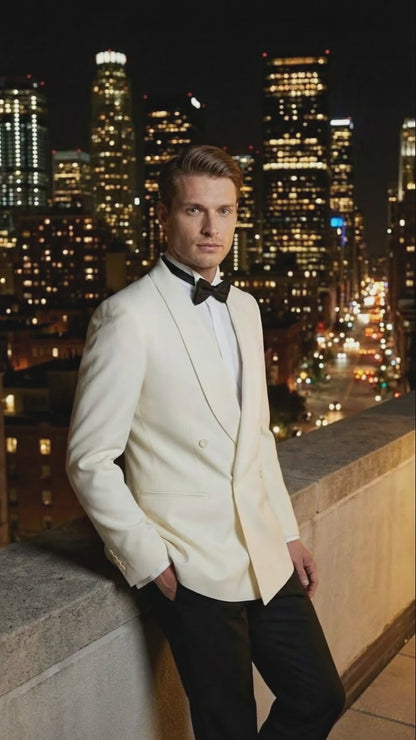 Mens Ivory Double-Breasted Shawl Lapel Tuxedo Jacket | Premium Formal Dinner Jacket for Weddings and Black-Tie Events