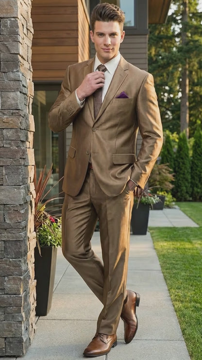 Mens Gold Brown Tan Beige Khaki Bronze Formal Suit – Luxury Metallic Finish Wedding and Prom Suit for Men