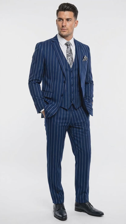 Men’s Navy Blue 1920s Gangster Stripe Vested Suit with White Pinstripes, 2 Button Dress Suit