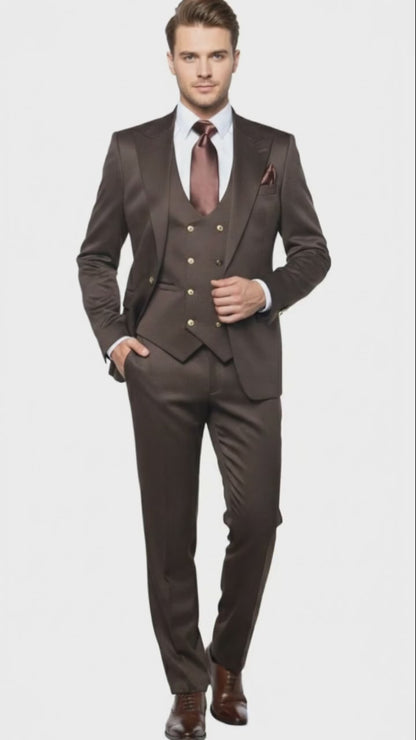 Mens Chocolate Brown Textured 3-Piece Suit  Luxury Double-Breasted Vest Formal Set