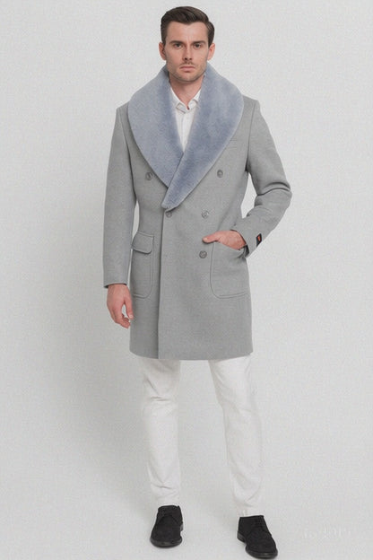 Mens Light Grey Double Breasted Overcoat with Faux Fur Shawl Collar  Winter Luxury Coat Wool Fabric