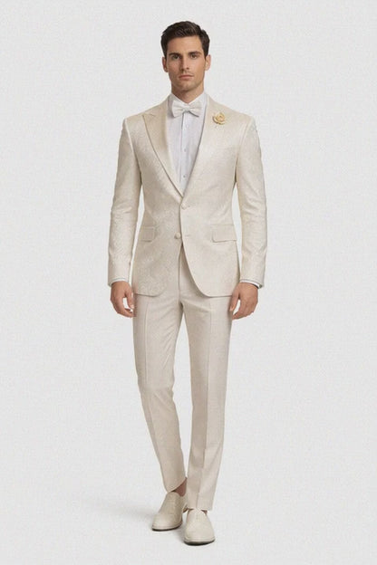 Mens Champaign Ivory  Jacquard Paisley Tuxedo Suit with Satin Shawl Lapel  Elegant Wedding and Prom Outfit By Rossiman