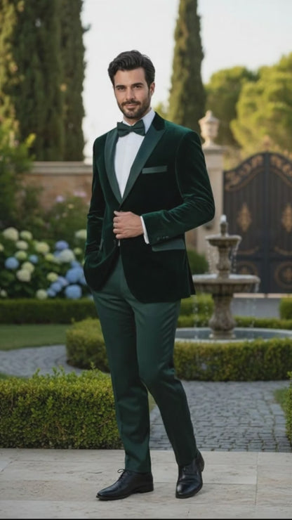 Mens Dark Green Velvet Tuxedo Dinner Jacket  Slim Fit Formal Blazer with Satin Peak Lapel Lape