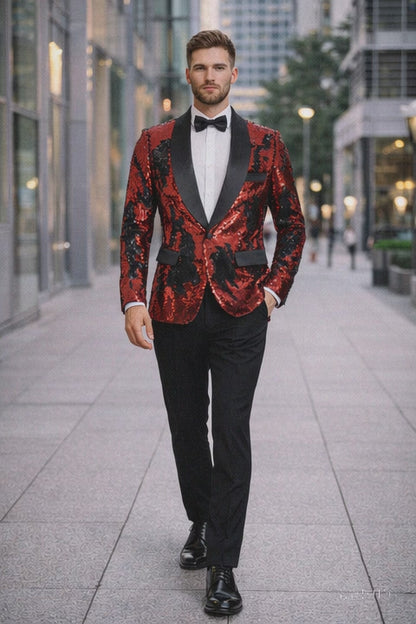 1 Button Reversible Sequin Blazer In Red and Black