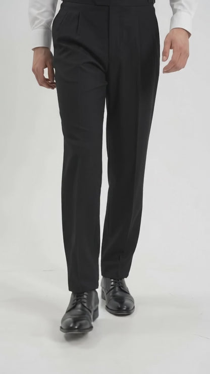 Men’s Black Super 100s Wool Tuxedo Pants, Double Pleated Formal Dress Pants with Unhemmed Bottoms