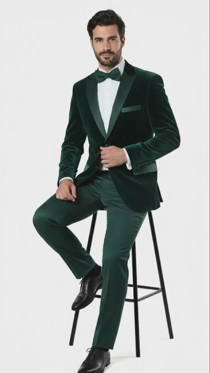 Mens Dark Green Velvet Tuxedo Dinner Jacket  Slim Fit Formal Blazer with Satin Peak Lapel Lape