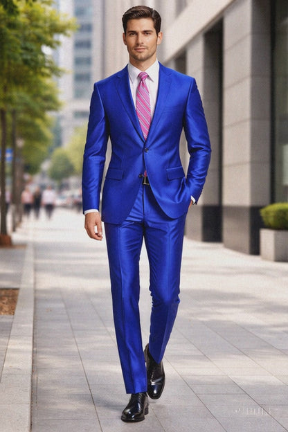 Mens Slim Fitted Shiny Sharkskin Suit in Royal Blue
