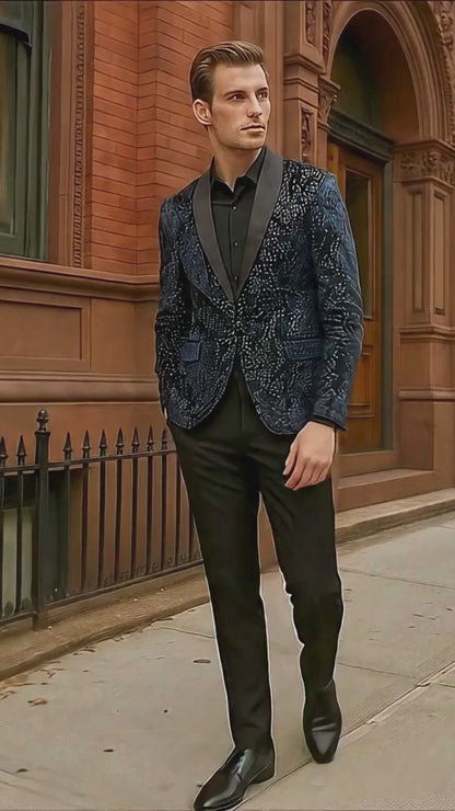 Mens Navy Blue Sequin Tuxedo Jacket with Black Satin Shawl Lapel  Luxury Prom and Wedding Blazer