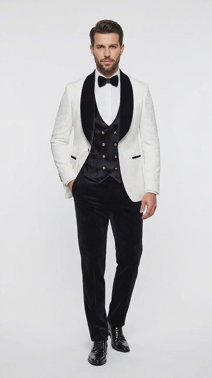 Men’s White Paisley 4 Piece Groom Wedding Suit with Black Velvet Shawl Collar and Matching Bowtie
