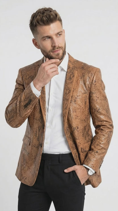 Men’s Tan Snakeskin Print Blazer, Brown Sport Coat Camel Alligator Crocodile Animal Print leopard Jacket