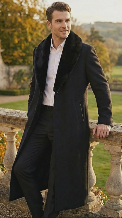Men’s Black Long Overcoat with Faux Fur Collar, Full Length Winter Topcoat for Formal and Business Wear