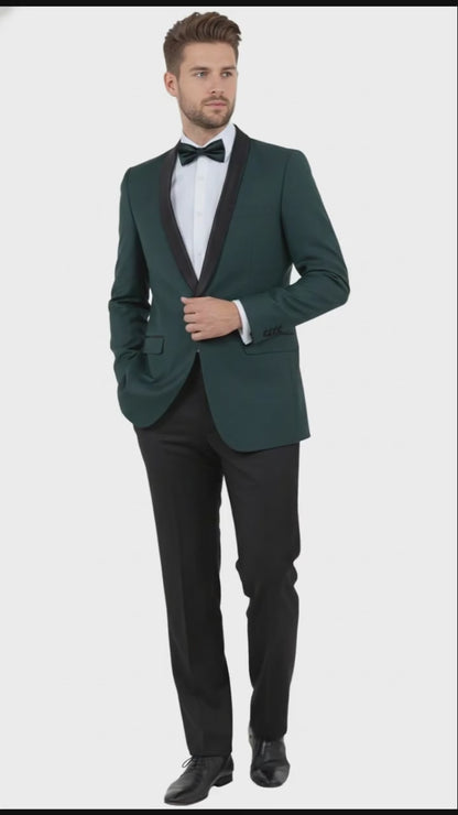 Mens Green Tuxedo Suit  Slim Fit Jacket with Black Satin Shawl Lapel and Black Pants in Hunter Green