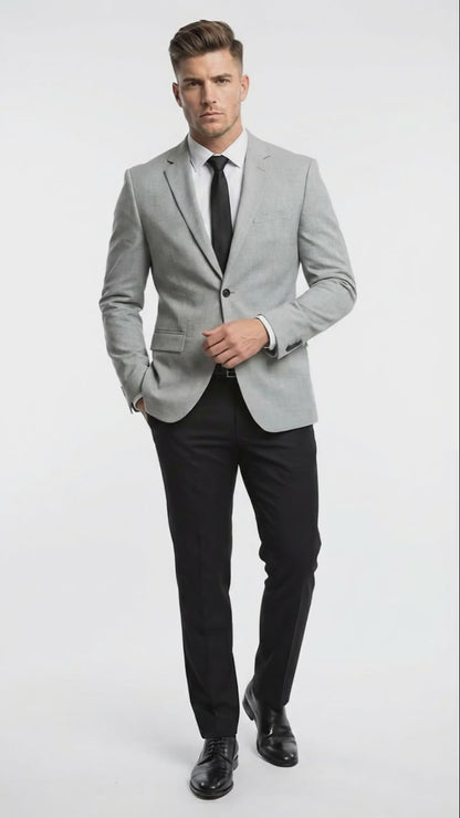 Men’s Light Grey Slim Fit Blazer Sport Coat with Black Pants | Premium Formal and Smart Casual Outfit