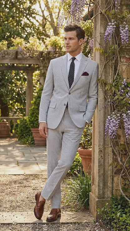 Men’s Black Pinstripe Summer Seersucker 2 Piece Suit with Jacket and Matching Pants