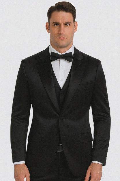 Men's Black Satin 3 Piece Slim Fit Tazzio Suit with Peak Lapel Suit