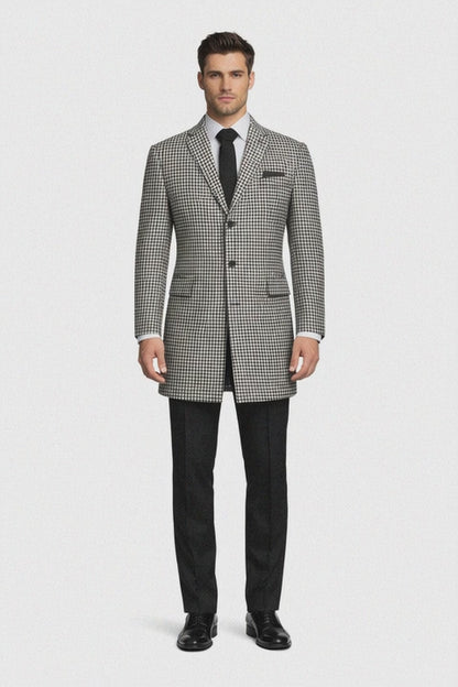 Houndstooth Overcoat - Houndstooth Topcoat - Houndstooth Checker Car Coat - Six Button Black