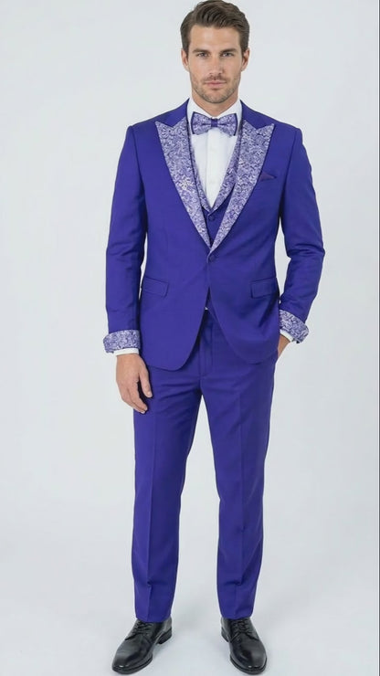 Mens Purple and white sivler lapel  Embellished Tuxedo Suit   Formal Wedding, Prom, and Gala Outfit Mardi Gras