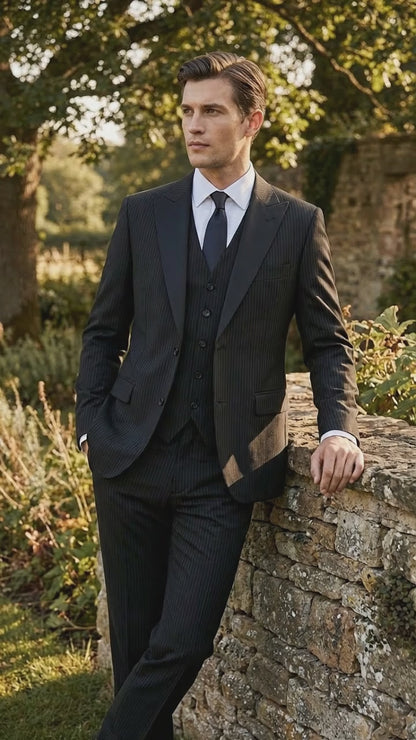 Vitali Mens Black Tone on Tone Shadow Stripe Vested Suit Set – 3 Piece Modern Fit Pinstripe Two Buttons