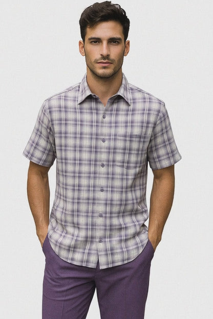 Mens Textured Plaid Walking Suit in Lavender/Off White by Dreams by Zacchi  2 Piece Leisure Outfit with Matching Shirt and pant -$99