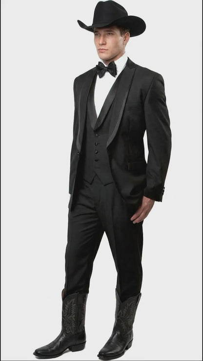Black Western Tuxedo for Men | Classic Three Piece Formal Wedding Peak Lapel with Trim Collar Cowboy Suit
