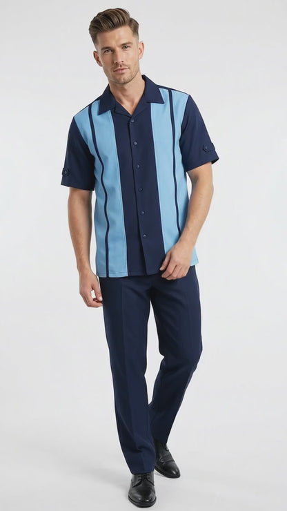 Men’s Navy and Sky Blue Walking Suit – 2-Piece Short Sleeve Casual Leisure Outfit