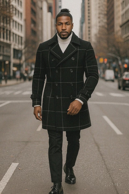 Mens Plaid Overcoat - Wool Peacoat - Plaid Topcoats Six Button Black