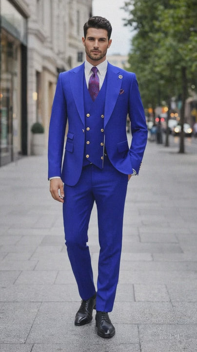 Rossiman Royal Blue Suit for Men ?? Classic 1-Button Peak Lapel Jacket & Double-Breasted Vest