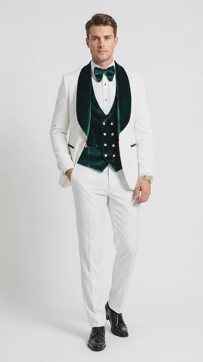Men’s White and Green Tuxedo Wedding Suit with Shawl Lapel, Velvet Vest and Pants