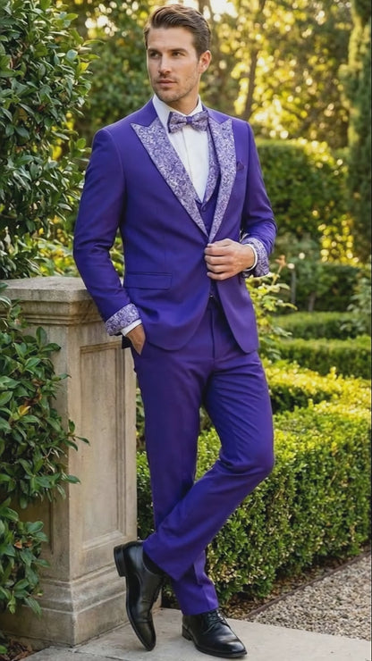 Mens Purple and white sivler lapel  Embellished Tuxedo Suit   Formal Wedding, Prom, and Gala Outfit Mardi Gras