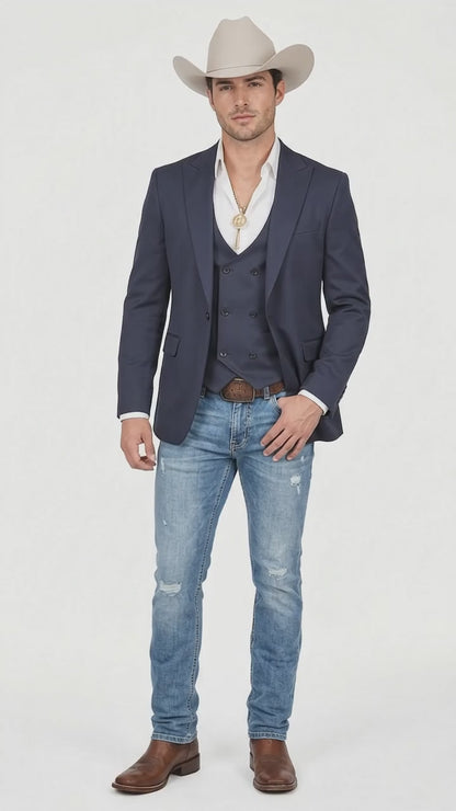 Men’s Navy Western Suit Blazer with Double Breasted Vest, Modern Cowboy Formal Outfit