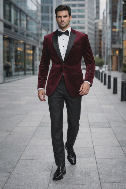Mens Velvet Notch Prom Tuxedo in Burgundy