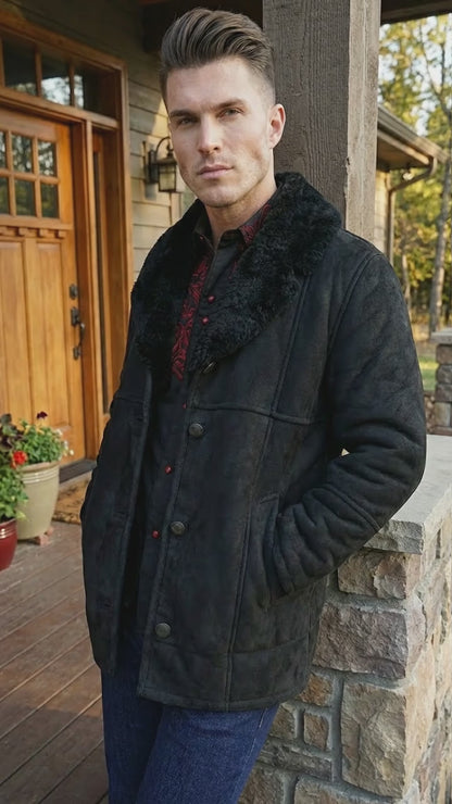 Men’s Black Sheepskin Leather Jacket Cowboy – Warm Faux Fur Collar Coat, Winter Long Jacket, Casual Western Style Outerwear