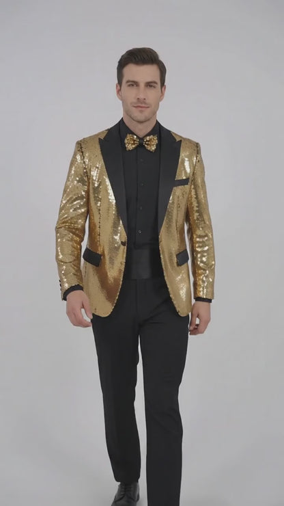 Men’s Gold and Black Sequin Tuxedo Jacket – Christmas, New Year, Prom and Party Dinner Blazer