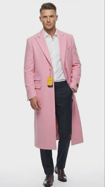 Mens Pink Wool Blend Long Overcoat  Slim Fit Tailored Winter Coat - Carcoat - Topcoat