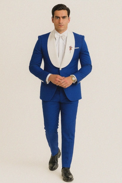 Mens Vested Designer Wide Royal Blue Velvet Shawl Tuxedo in Ivory Paisley