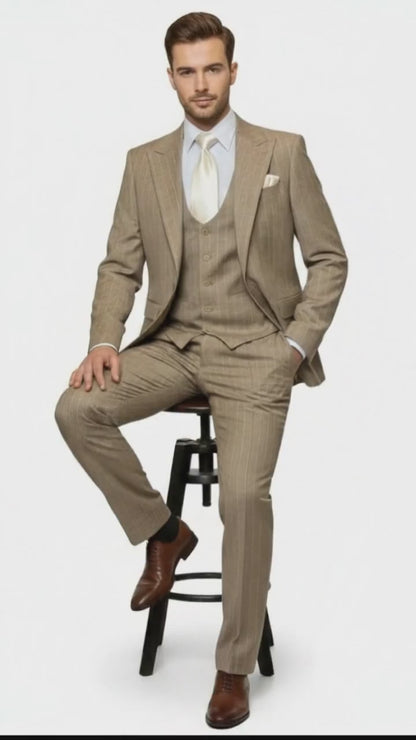 Mens Beige Pinstripe Three-Piece Suit  Classic Fit Formal Suit with Vest and Flat-Front Pants in Tan Stripe By Rossiman