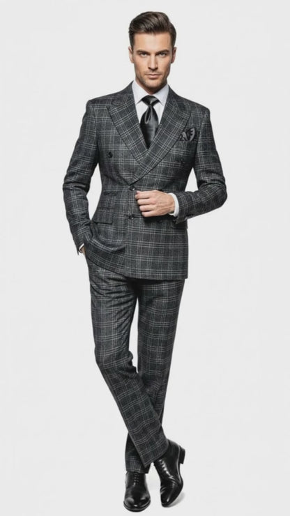 Mens Charcoal Plaid Double-Breasted Suit   Tailored Pants Windowpane Pattern By Rossiman