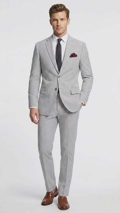 Men’s Black Pinstripe Summer Seersucker 2 Piece Suit with Jacket and Matching Pants