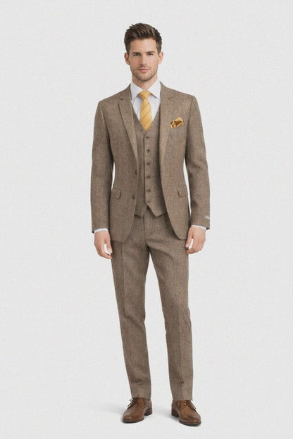 Tweed Herringbone Brown ~ Coffee  Herringbone 2 Button Slim Fitted Tapered Vested Suit Ves
