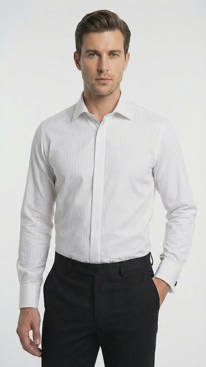 Mens White Herringbone Shadow and Tone on Tone Dress Shirt – Classic Formal Wedding