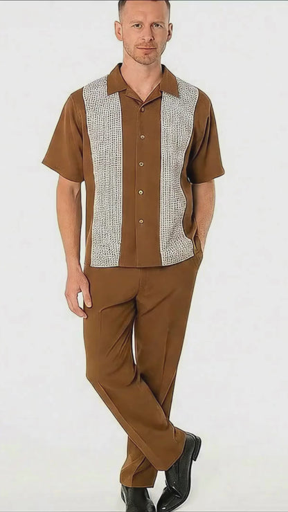 Mens Cognac Tan Two-Piece Outfit  Short Sleeve Button-Up Shirt and Pants Set