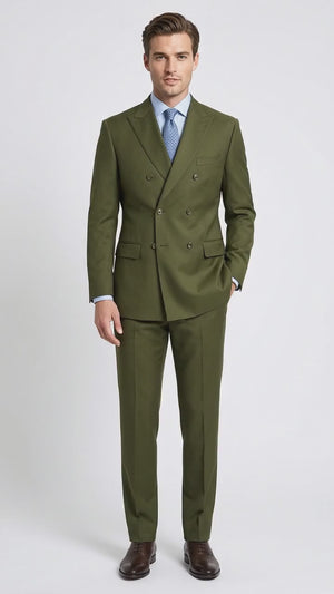 Men’s Olive Green Double-Breasted Suit – Classic Peak Lapel Wedding, Business Hunter Color