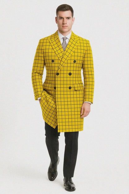 Mens Plaid Overcoat - Wool Peacoat - Plaid Topcoats Yellow