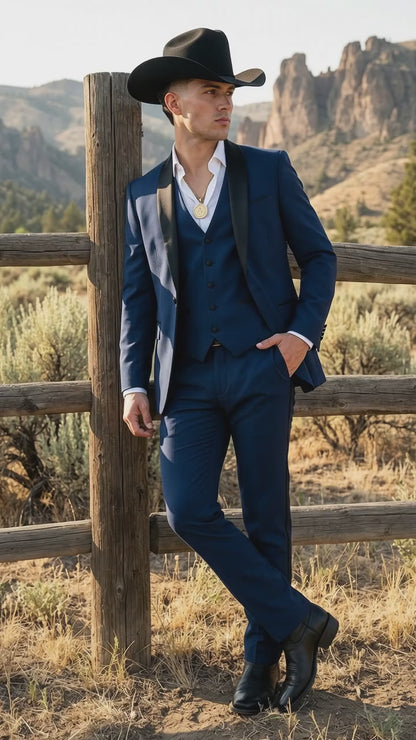 Men’s Sapphire Indigo Western Tuxedo Suit – Cobalt Blue Cowboy Formal Suit with Black Shawl Collar, Vest & Pants