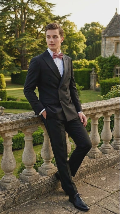 Tiglio Brand 100% Wool Super 150s Italian fabric Mens Classic Black Double-Breasted Tuxedo with Satin Peak Lapel  Formal Wedding & Gala Suit Set