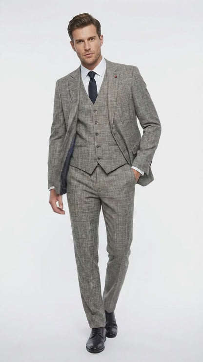 Vitali Brand Men’s Grey Textured Patterned 3 Piece Suit – Modern Fit Checkered Sharkskin with Blazer, Vest & Trousers, Business Wedding