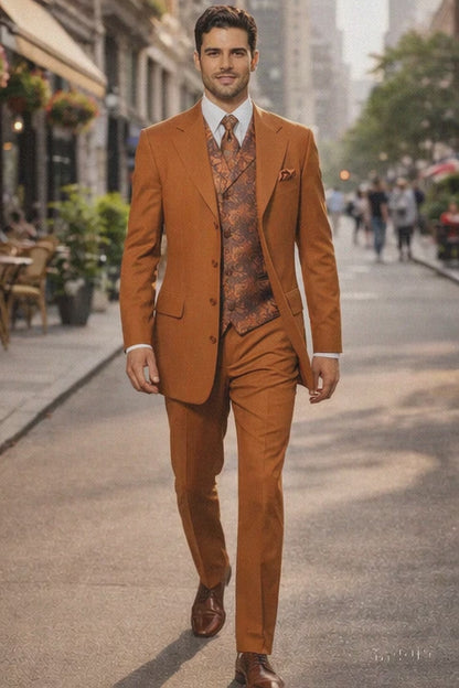 Mens 4 Button Wide Notch Lapel Fashion Rust Suit
