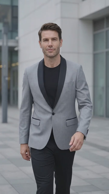 Men’s Light Grey Wool Dinner Jacket, 1 Button Black Shawl Lapel Formal Tuxedo Blazer