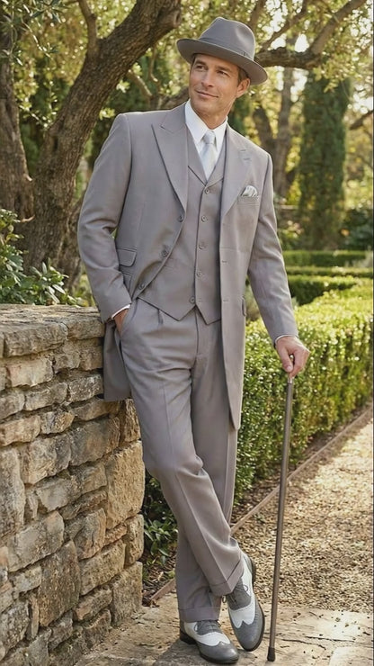 Men’s Gray Zoot Suit with Matching Hat and 1920s Shoes | Grey Vintage Wedding and Party Three Piece Suit